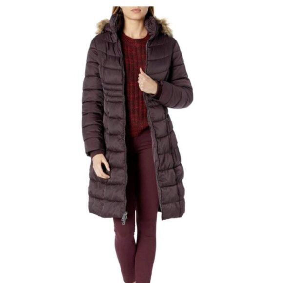KENNETH COLE Wine Faux Fur Trimmed Puffer Jacket